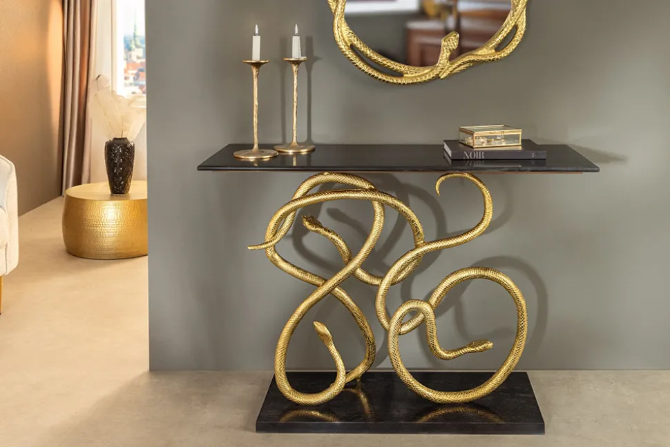 Extravaganter Konsolentisch WILDLIFE SNAKE 115cm schwarz gold Marmor Schlange Skulptur