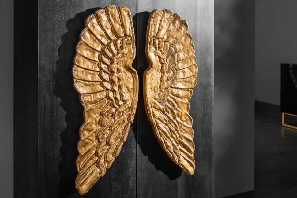 Extravagantes Highboard ANGEL 140cm schwarz Mangoholz mit goldenen Flügeln