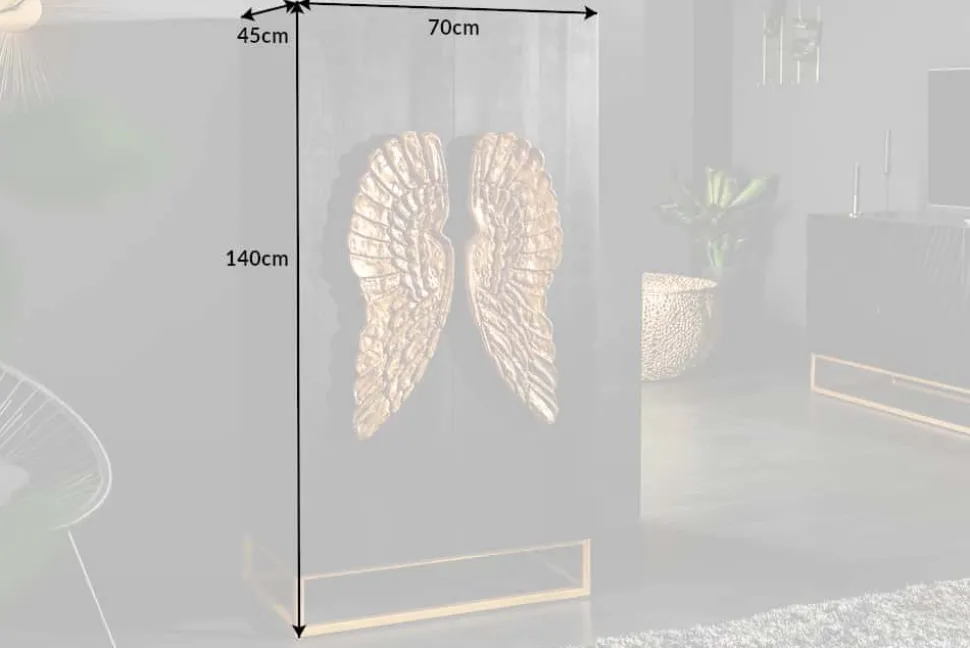 Extravagantes Highboard ANGEL 140cm schwarz Mangoholz mit goldenen Flügeln