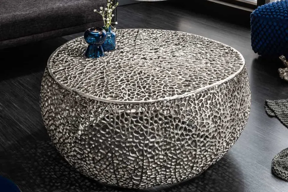 Filigraner Couchtisch LEAF 80cm silber Metall handmade Blatt-Design
