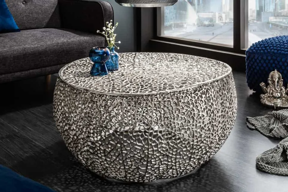Filigraner Couchtisch LEAF 80cm silber Metall handmade Blatt-Design