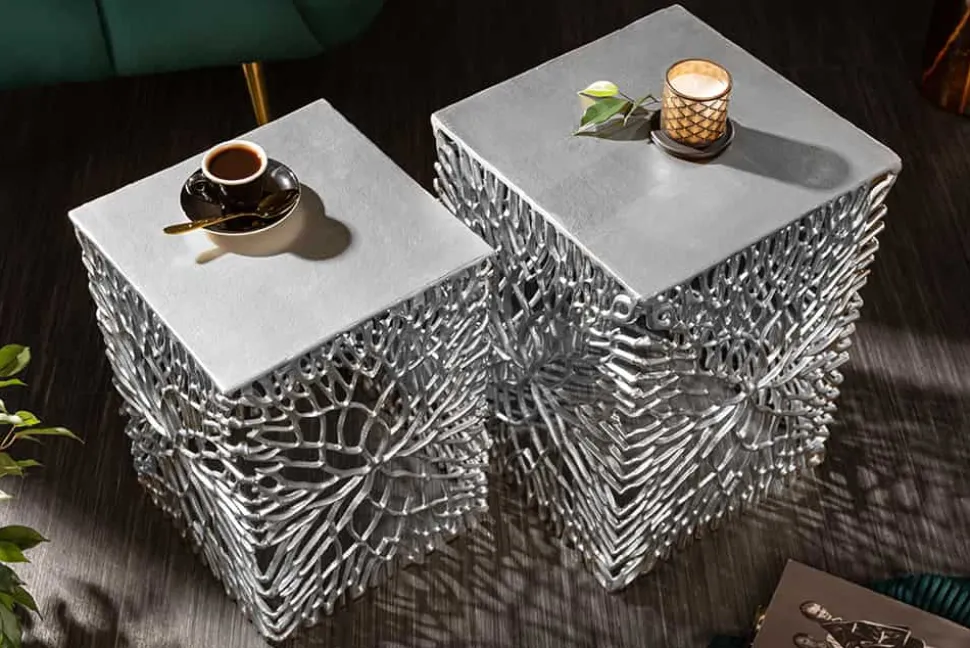 Filigranes Beistelltisch 2er Set ABSTRACT LEAF 45cm silber Handarbeit