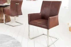 Freischwinger Stuhl SAMSON dark coffee mit Armlehne und Edelstahlrahmen