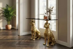 Freistehender Konsolentisch PANTHER 115cm gold Metall mit Marmor-Platte handmade