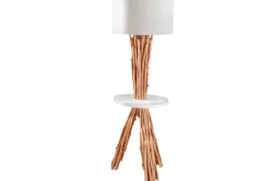 Funktionelle Stehlampe SERVANT 153cm Longan-Massivholz mit Tisch und Leinenschirm