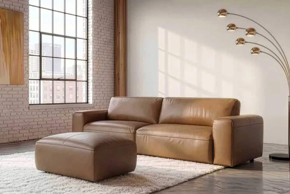 Großer Hocker BIG GEORGE 95cm cognac Echtleder Nosagfederung Taschenfederkern