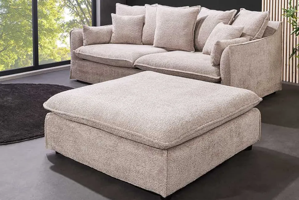 Großer Hocker HEAVEN 100cm champagner beige Bouclé Polsterhocker Federkern