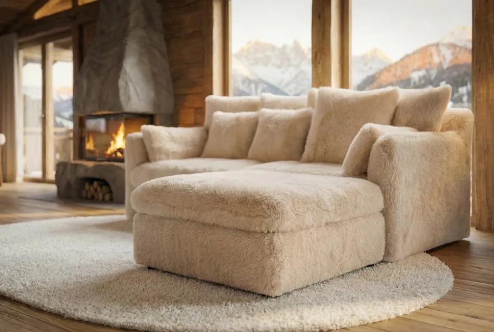Großer Sitzhocker YETI 100cm beige sand Shaggy-Stoff langfloriger Plüsch Sofahocker