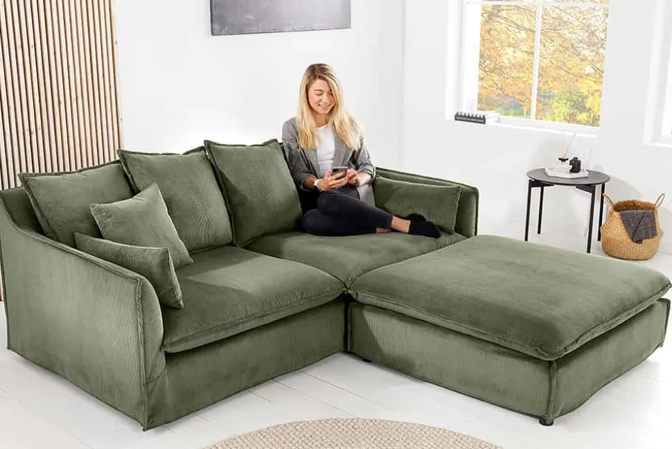 Großes 3-Sitzer Sofa HEAVEN 200cm grün Cord Federkern Hussensofa