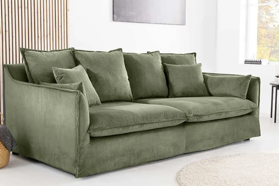 Großes 3-Sitzer Sofa HEAVEN 200cm grün Cord Federkern Hussensofa