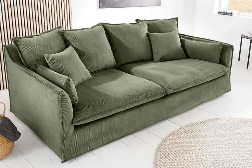Großes 3-Sitzer Sofa HEAVEN 200cm grün Cord Federkern Hussensofa