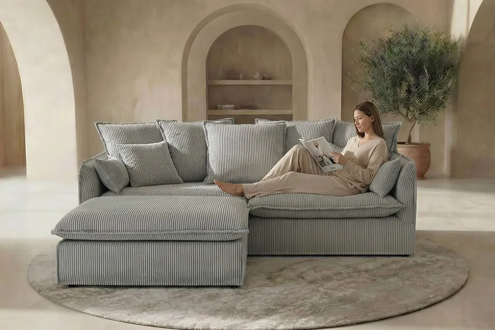 Großes 3-Sitzer Sofa HEAVEN 200cm hellgrau Cord Federkern Hussensofa abnehmbarer Bezug