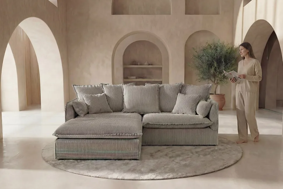 Großes 3-Sitzer Sofa HEAVEN 200cm hellgrau Cord Federkern Hussensofa abnehmbarer Bezug