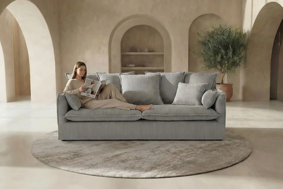 Großes 3-Sitzer Sofa HEAVEN 200cm hellgrau Cord Federkern Hussensofa abnehmbarer Bezug