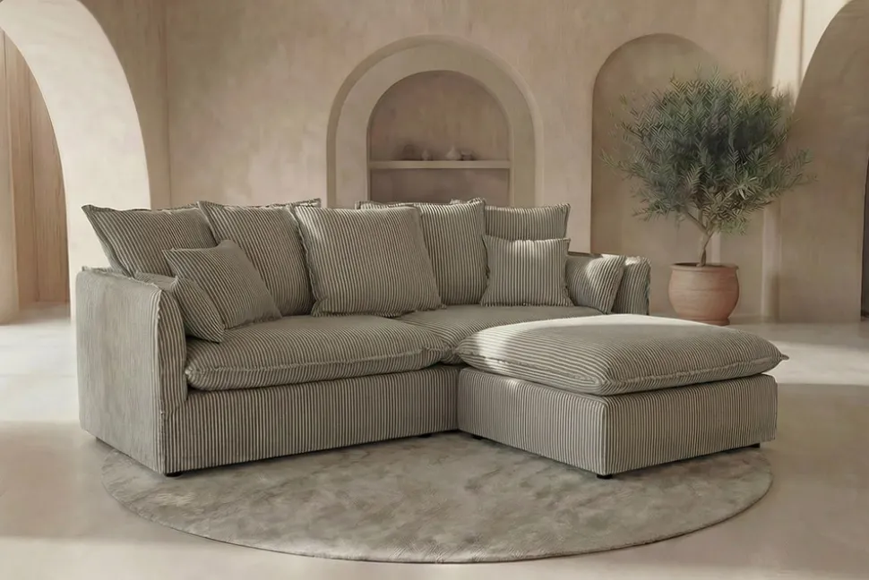 Großes 3-Sitzer Sofa HEAVEN 200cm hellgrau Cord Federkern Hussensofa abnehmbarer Bezug