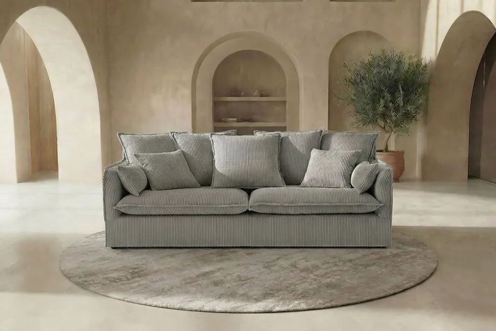 Großes 3-Sitzer Sofa HEAVEN 200cm hellgrau Cord Federkern Hussensofa abnehmbarer Bezug