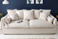 Großes 3-Sitzer Sofa HEAVEN 200cm natur beige Leinenstoff Federkern Hussensofa