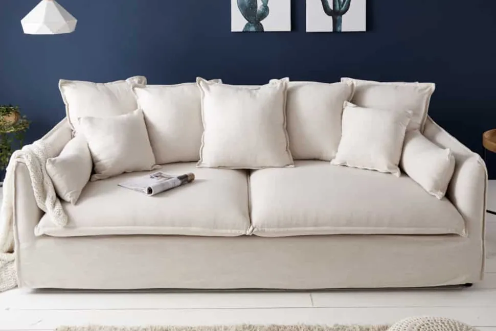 Großes 3-Sitzer Sofa HEAVEN 200cm natur beige Leinenstoff Federkern Hussensofa