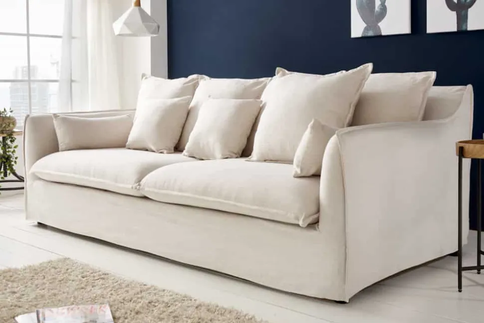 Großes 3-Sitzer Sofa HEAVEN 200cm natur beige Leinenstoff Federkern Hussensofa