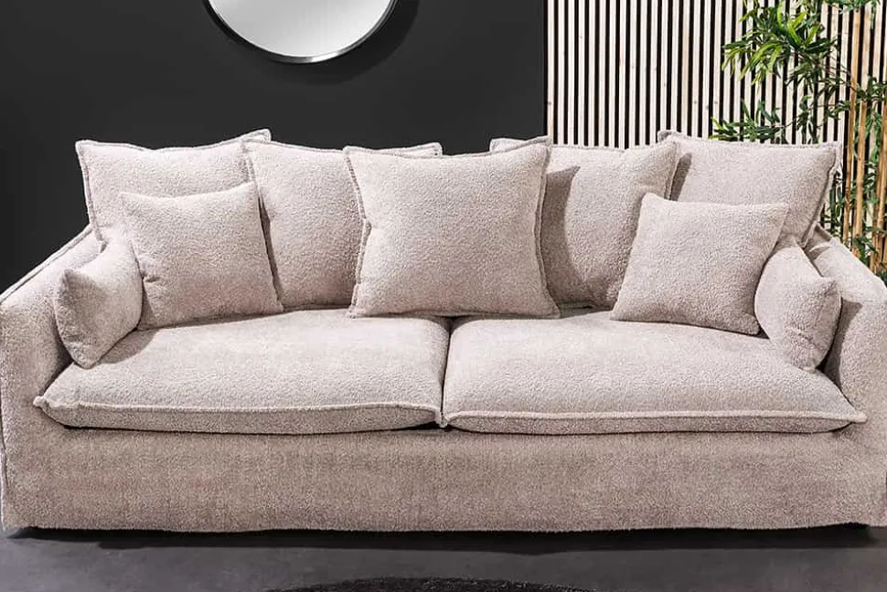Großes 3-Sitzer Sofa HEAVEN 200cm champagner beige Bouclé Federkern Hussensofa