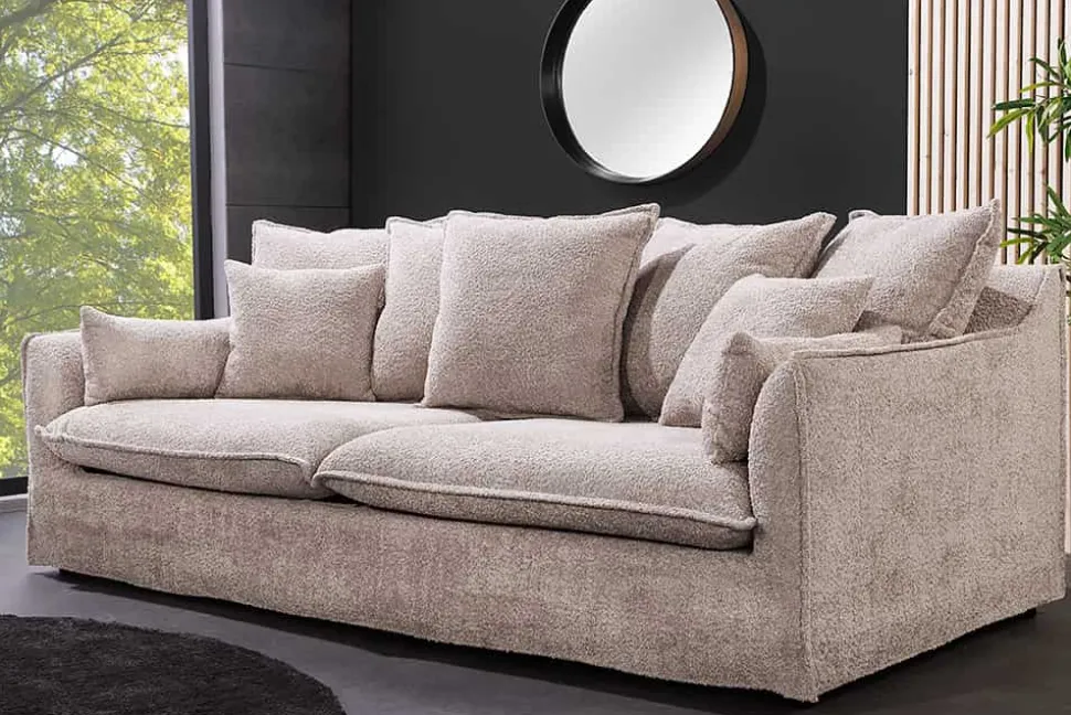 Großes 3-Sitzer Sofa HEAVEN 200cm champagner beige Bouclé Federkern Hussensofa