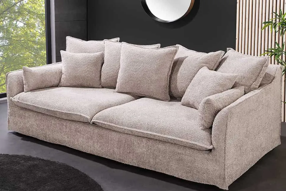 Großes 3-Sitzer Sofa HEAVEN 200cm champagner beige Bouclé Federkern Hussensofa