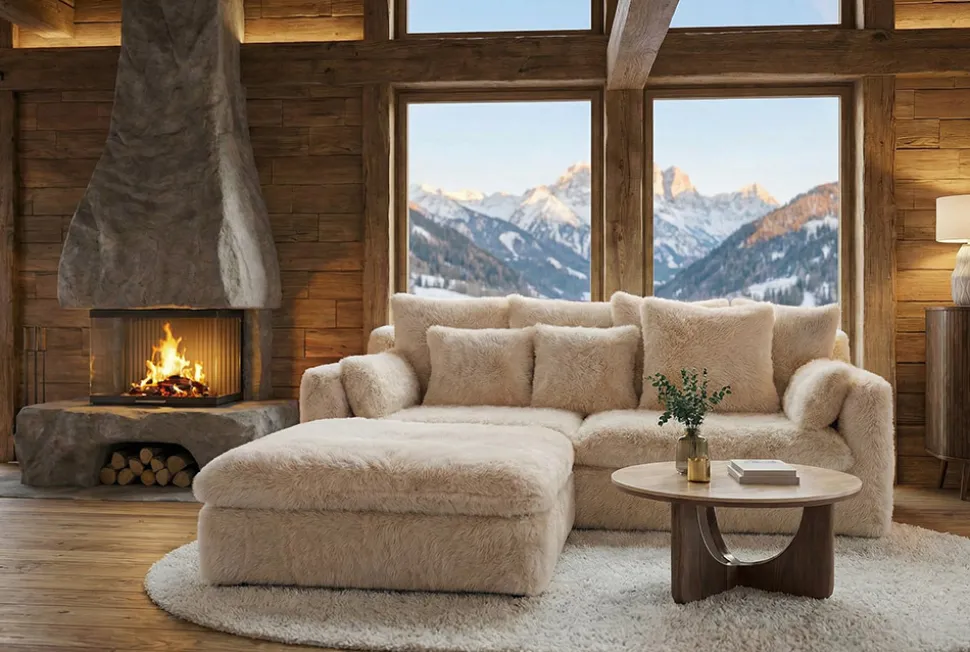 Großes 3-Sitzer Sofa YETI 200cm beige sand langfloriger Plüsch Shaggy-Stoff