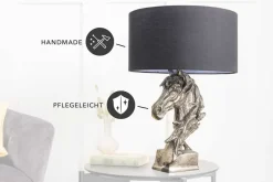 Handgearbeitete Tischlampe CABALLO 60cm silber schwarz Metall Baumwolle Pferde-Skulptur