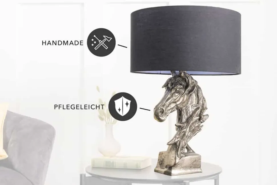 Handgearbeitete Tischlampe CABALLO 60cm silber schwarz Metall Baumwolle Pferde-Skulptur