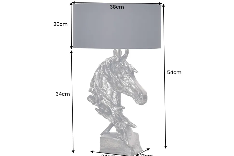 Handgearbeitete Tischlampe CABALLO 60cm silber schwarz Metall Baumwolle Pferde-Skulptur