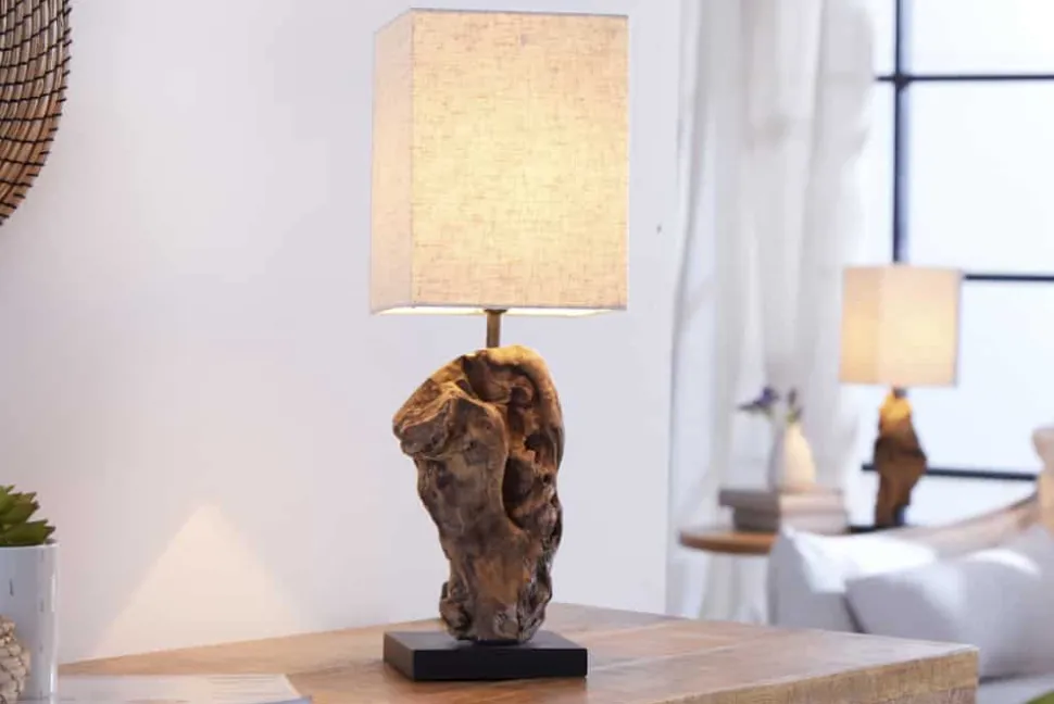 Handgearbeitete Treibholz Tischlampe HYPNOTIC 45cm beige mit Leinenschirm