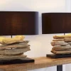 Handgearbeitete Treibholz Lampe RIVERINE 55cm schwarz Leinenschirm Tischleuchte