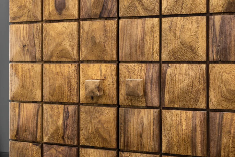 Handgearbeiteter Barschrank MOSAICO 130cm braun Sheeshamholz stone finish 3D Effekt