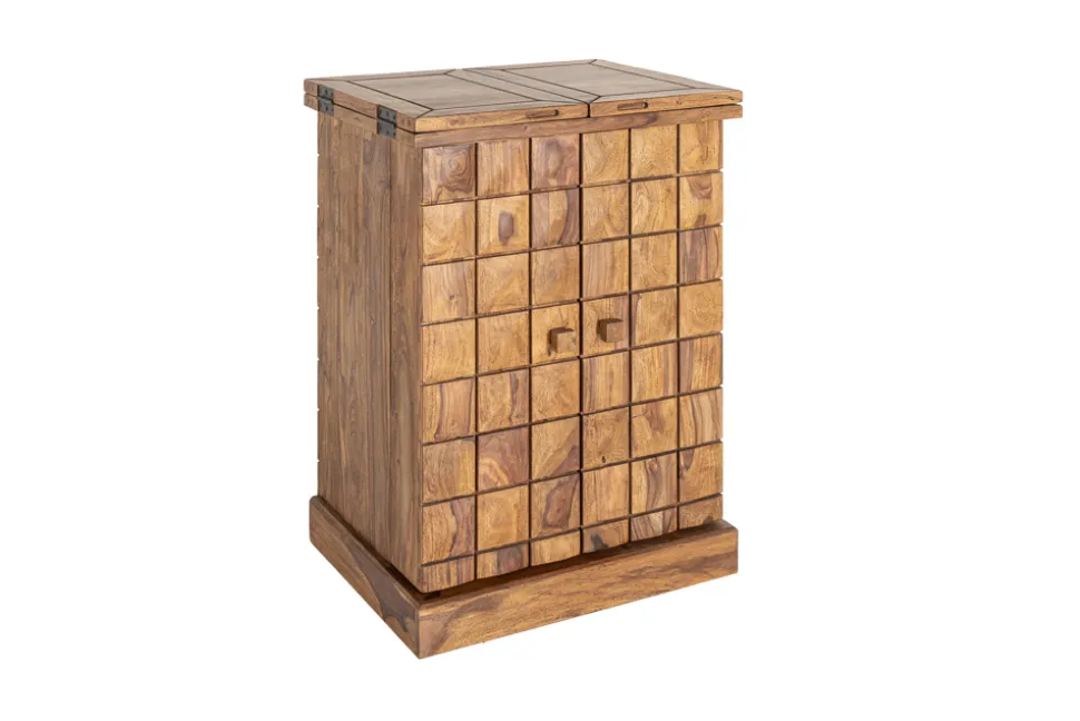 Handgearbeiteter Barschrank MOSAICO 130cm braun Sheeshamholz stone finish 3D Effekt