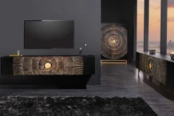 Handgearbeiteter Barschrank GOLDEN SUNSET 140cm schwarz gold Mangoholz massiv