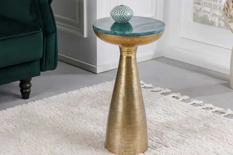 Handgearbeiteter Beistelltisch ELEMENTS 55cm gold grün Marmor rund