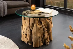 Handgearbeiteter Couchtisch RIVERSIDE 60cm Teakholz runde Glasplatte Massivholz