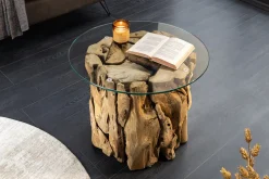 Handgearbeiteter Couchtisch RIVERSIDE 60cm Teakholz runde Glasplatte Massivholz