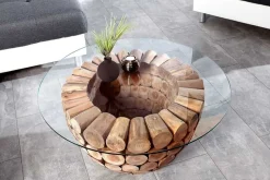 Handgearbeiteter Couchtisch PURE NATURE 70cm Teak Massivholz rund mit Glasplatte
