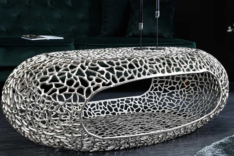 Handgearbeiteter Couchtisch ORGANIC 120cm silber Metall Blatt-Design mit Stauraum
