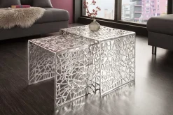 Handgearbeiteter Couchtisch ABSTRACT 49cm 2er Set silber im Gap Design
