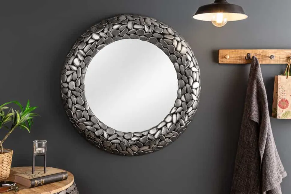Handgearbeiteter Spiegel STONE MOSAIC XL 82cm silber in Mosaik Optik aus Metall