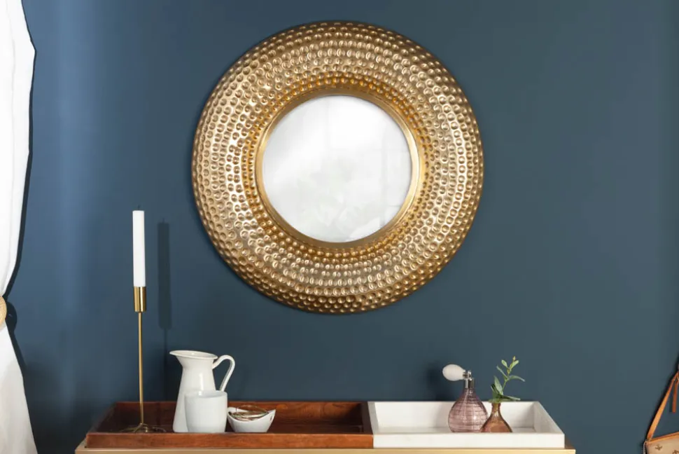 Handgearbeiteter Wandspiegel ORIENT 60cm gold im Hammerschlag Design aus Metall