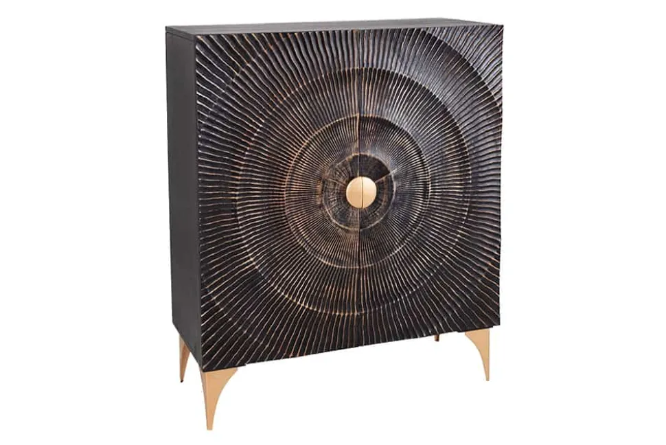 Handgearbeitetes Highboard GOLDEN SUNSET 120cm mit 3D Schnitzereien schwarz gold Mangoholz