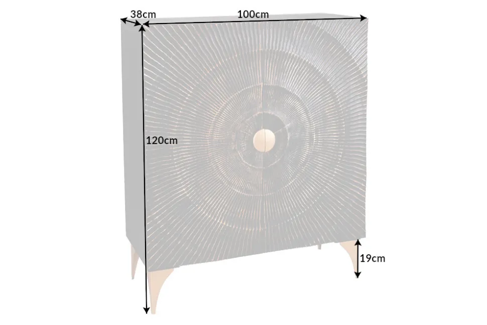 Handgearbeitetes Highboard GOLDEN SUNSET 120cm mit 3D Schnitzereien schwarz gold Mangoholz