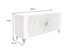 Handgearbeitetes Sideboard GOLDEN SUNSET 140cm weiß mit 3D Schnitzereien gold Mangoholz Metallbeine
