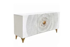 Handgearbeitetes Sideboard GOLDEN SUNSET 140cm weiß mit 3D Schnitzereien gold Mangoholz Metallbeine