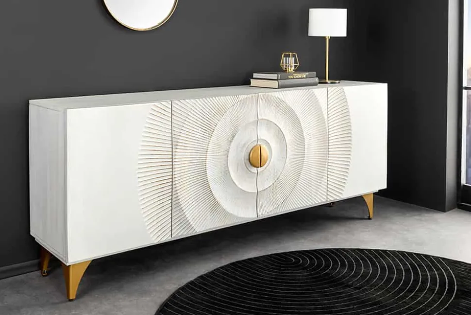 Handgearbeitetes Sideboard GOLDEN SUNSET 180cm weiß gold Mangoholz Metallbeine