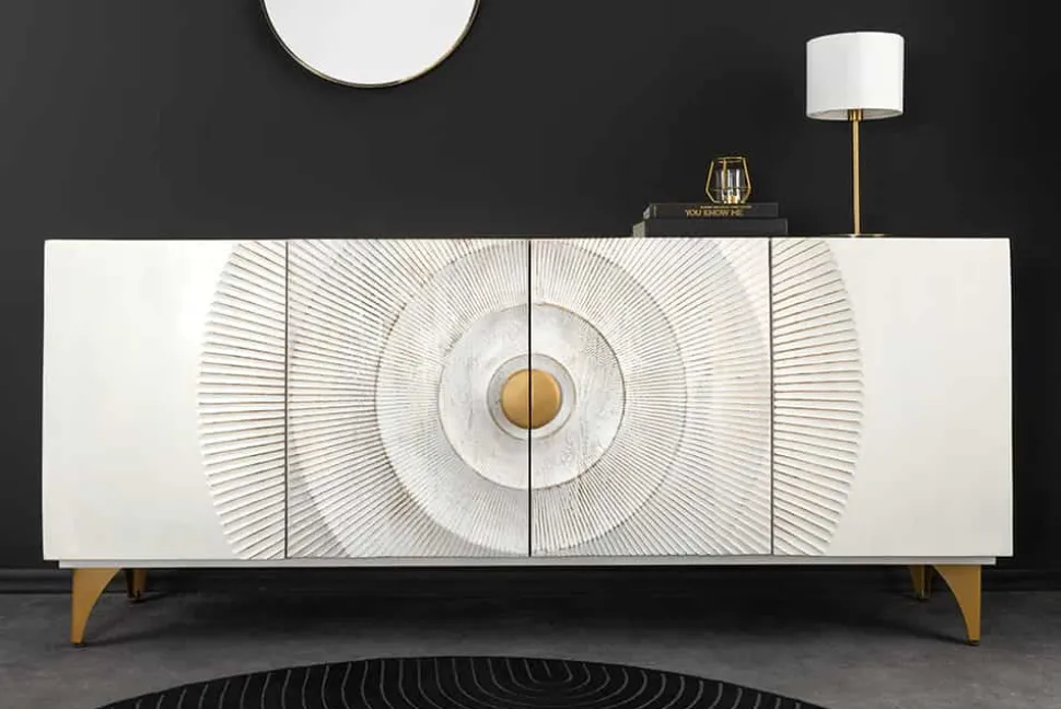 Handgearbeitetes Sideboard GOLDEN SUNSET 180cm weiß gold Mangoholz Metallbeine