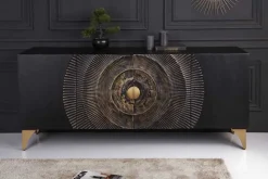 Handgearbeitetes Sideboard GOLDEN SUNSET 180cm schwarz mit 3D Schnitzereien gold Mangoholz Metallbeine